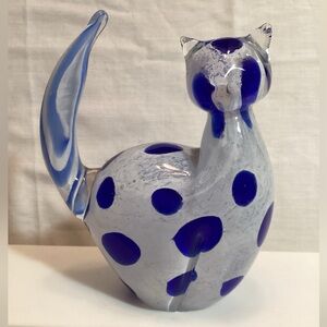 Art Glass Cat Figure Decor Hand Blown Clear & White Kitten with Blue Polka Dots